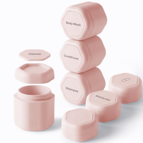 Cadence Travel Containers - Daily Routine Capsule Set - Magnetic Containers with Lids,4 Flex Mediums (1.32oz) & 3 Flex Smalls (0.56oz) - Shampoo, Conditioner, Body Wash, Pills, & More - Petal - color: Petal