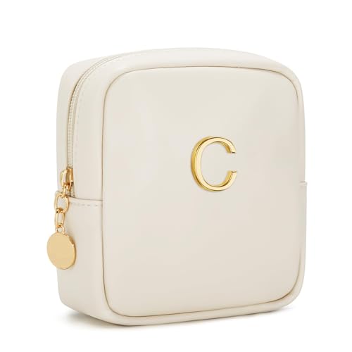 Personalized Birthday Gifts for Women - Initial Makeup Bag Set Travel Toiletry Bag Cosmetic Bags Soft Waterproof PU Leather Makeup Pouch Travel Essentials (C, 1pc Beige) - size: 1pc Beige, style: C