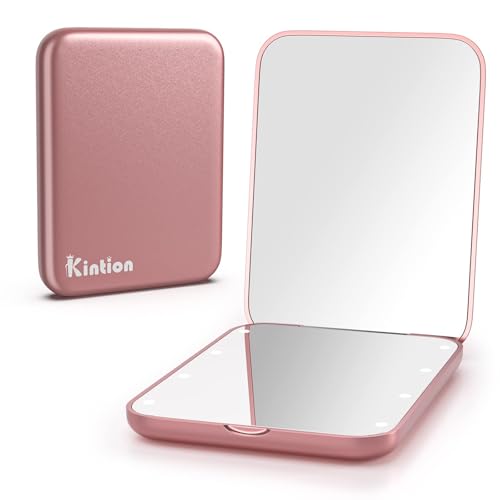 Kintion Pocket Mirror, 1X/3X Magnification LED Compact Travel Makeup Mirror with Light for Purse, 2-Sided, Portable, Folding, Handheld, Small Lighted Mirror for Gift, Rose Gold - color: Rose Gold