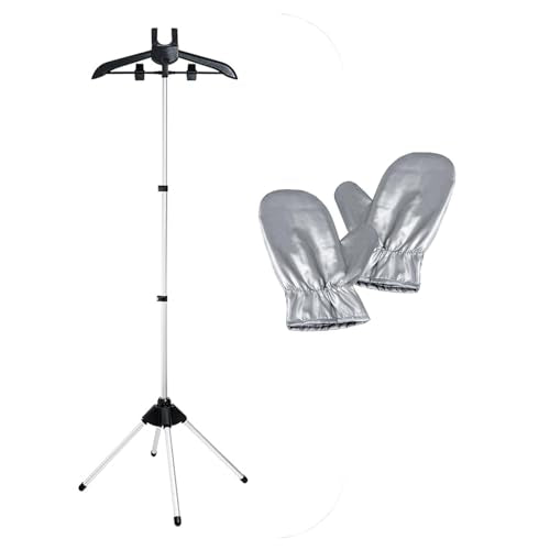 Clothes Steamer Stand Hanger with Steamer Ironing Gloves for Steaming Clothes, Handheld Garment Steamer Rack with Flexible Anti Steam Mitt - color: Silver Gloves + Black Rack