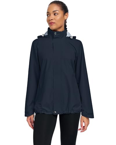 Hount Womens Waterproof Raincoat Lightweight Packable Striped Lined Rain Jacket Casual Travel Outdoor Hooded Jakctes - color: Navy Blue, size: X-Large