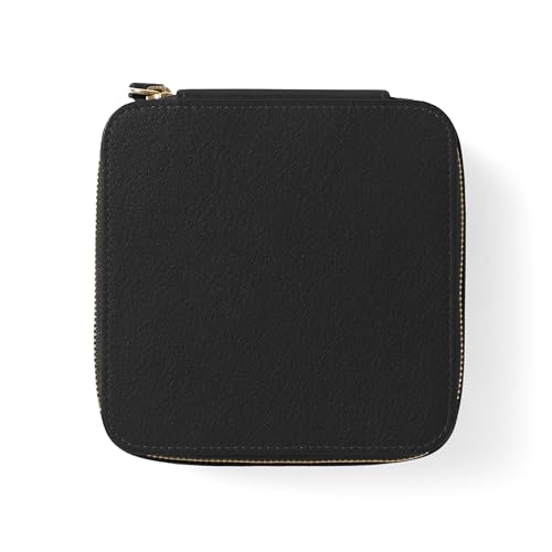 Leatherology Black Onyx Medium Jewelry Organizer – Full-Grain Leather Travel Case with Structured Design, Ring & Earring Storage, Zippered Suede Pouches - color: Black Onyx