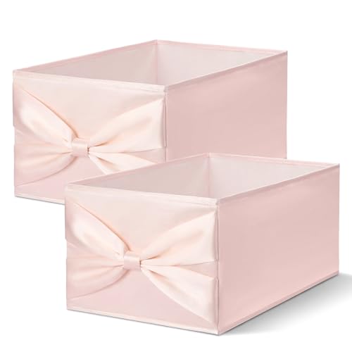 Gerrii 2 Pack Light Pink Bow Storage Bins for Closet 18.5" x 11.02" x 7.87" Large Stylish Fabric Organizers with Bow Handles Grid Dorm Organizer Open Compartments for Underwear Socks Accessories