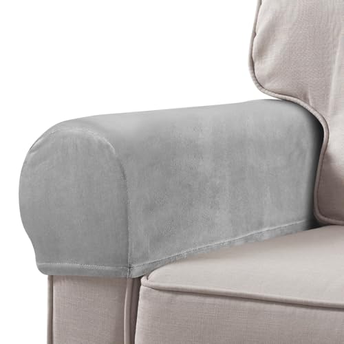 Ciieeo 2-Pack Universal Grey Velvet Sofa Armrest Covers Stretchy Armrest Protectors for Couch Furniture Machine Washable Slipcovers for Living Room and Office