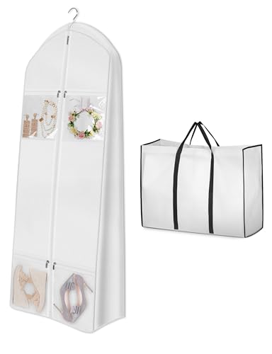 MISSLO 65" Wedding Dress Garment Bag with Bride Tote Bag 6'' Gusseted Dress Bags for Gowns Long 4 Pockets Wedding Dress Storage Bag for Women, White - color: White, size: 65 inch