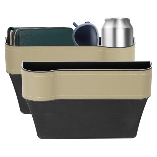 HARFINGTON 2pcs Car Seat Gap Filler Organizer 10.2 x 6.5 x 3.1 Inch ABS+Leather Universal Car Organizer Storage Box Between Seat and Console (Left+Right) with Cup Holders for Phone, Beige - color: Beige