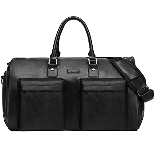 Leather Garment Bag for Travel, Modoker Carry On Suit Carrier Travel Bag with Shoulder Strap/Multiple Pockets - Ideal for Business Trips & Weekend Getaways - The Garment Duffel Bag for Traveling Men - color: A-Black