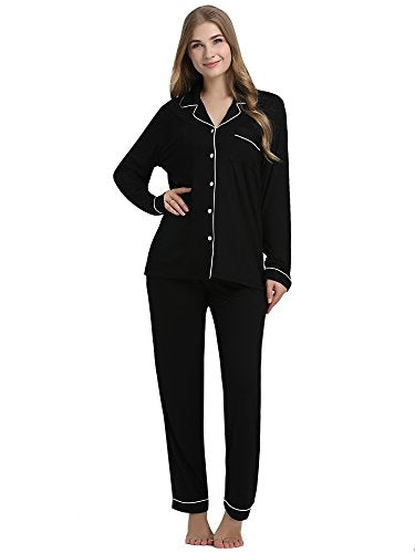 Cherrydew Women Bamboo Viscose Pajama Sets Super Soft Comfy Breathable Cooling Sleepwear Long Sleeve Button Down Loungewear - color: Black, size: Large