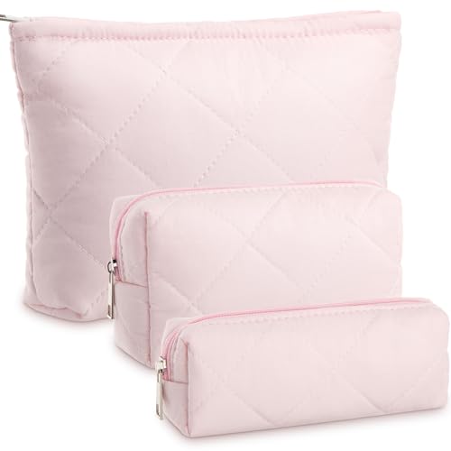 Paterr 3 Pcs Quilted Makeup Bag Set Back to School Favor Small Bridesmaid Cosmetic Bag Aesthetic Travel Pouch Cute Purse Pencil Case Makeup Storage Organizer for Women Birthday Gift(Cotton,Pink) - color: Pink