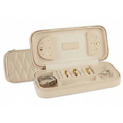 Bey-Berk Diamond-Quilted Leather Travel Jewelry Case, Cream, 9" x 4" x 1.75" - color: Cream