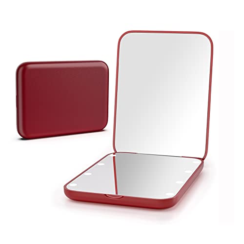 Kintion Pocket Mirror, 1X/3X Magnification LED Compact Travel Makeup Mirror with Light for Purse, 2-Sided, Portable, Folding, Handheld, Small Lighted Mirror for Gift, Wine Red - color: Wine Red