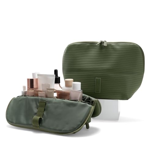 THE VERTI-Vertical Waterproof Makeup & Toiletry Bag | 23-Pocket Organizer with Upright, Fold-Down Design for Skincare, Toiletries & Essentials (Olive, Medium) - color: Olive, size: Medium