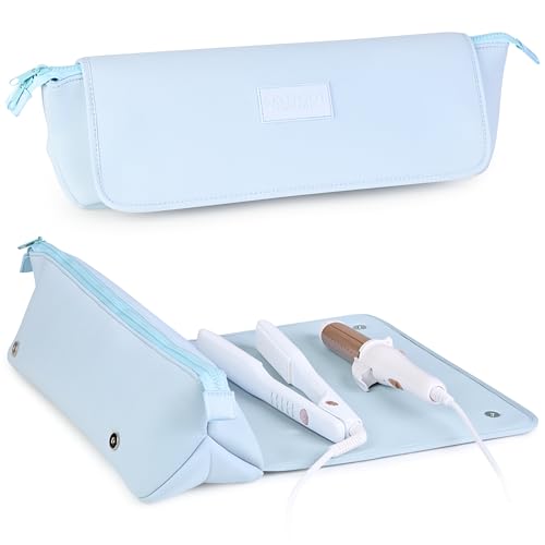 BAREFOOT CARIBOU Hair Tools Travel Bag and Heat Resistant Mat (15.5") for Flat Irons, Straighteners, Curling Iron, and Haircare Accessories, 2-in-1 design, with Interior Pockets, Organizer (Baby Blue) - color: Baby Blue