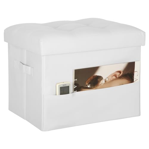 BelugaHelper Ottoman with Storage. Leather Foldable Ottomans with Thick Foam Padded Seat. Foot Rest Stool Storage for Living Room and Bedroom. Side Pockets and Handles Designed. 17x13x13in, White - color: White, size: 17"D x 13"W x 13"H