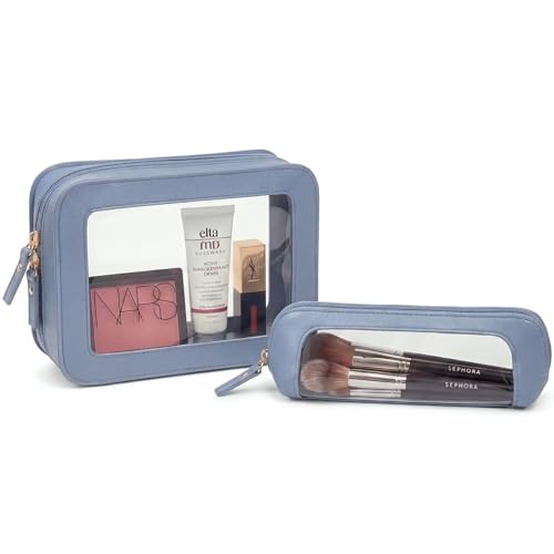 LETGO Clear Makeup Bag Set, Waterproof PU Leather Portable Makeup Bag Holder with Transparent Window, Travel Lipstick Case Pouch Car Organizer and Storage for Cosmetics (2Pack-Standard&Slim, Blue) - color: Blue, style: 2pack-standard&slim
