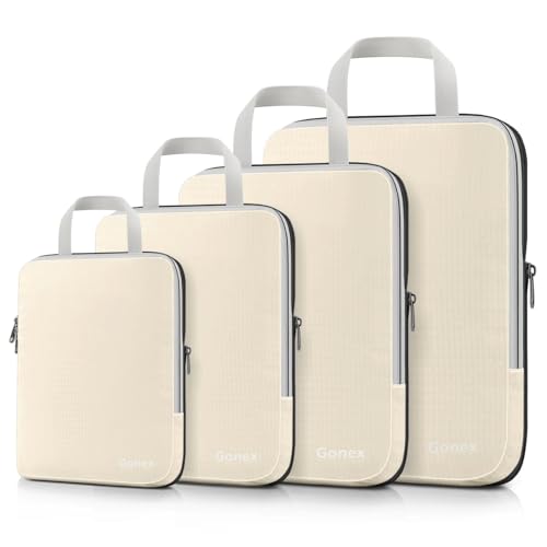 Gonex Compression Packing Cubes, 4pcs Expandable Storage Travel Luggage Bags Organizers (Cream) - color: 4-Cream, size: 4 Set