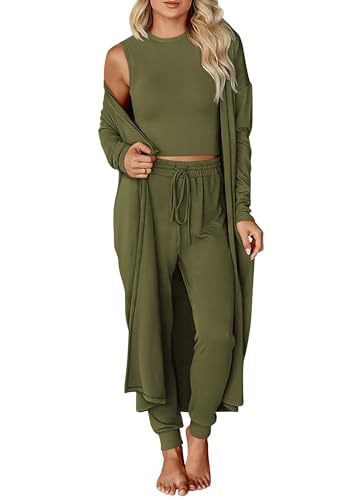 KIRUNDO 3 Piece Lounge Sets for Women Airport Travel Vacation Outfits 2026 Fall Cardigan Matching Sleeveless Top Jogger Pants - color: Army Green, size: Small