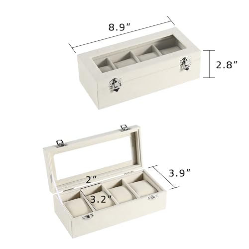 Frebeauty 4-Slot Watch Box,Velvet Watch Case with Glass Lid,Watch Organizer Box for Men and Women,Lockable Watch Storage,Watch Display Case,Ideal Gift(Beige) - color: Beige, size: 4 Slots