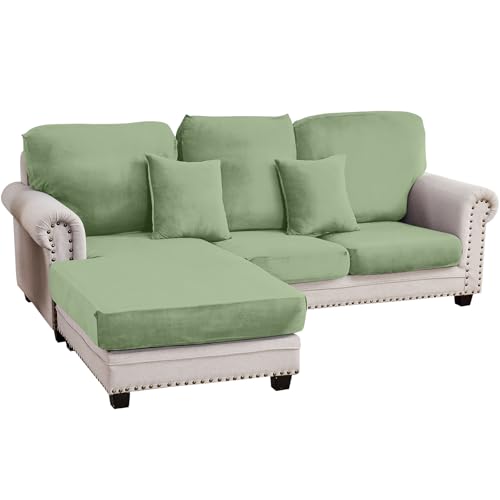 Couch Cover 3-Piece Elastic Velvet Couch Cushion Covers & Chaise Slipcovers for L-Shaped Sofas, Sofa Seat Covers Washable, Soft Cover for Couches (2 Seater + Chaise, Avocado Green) - color: Avocado Green, size: 2 Seater + Chaise