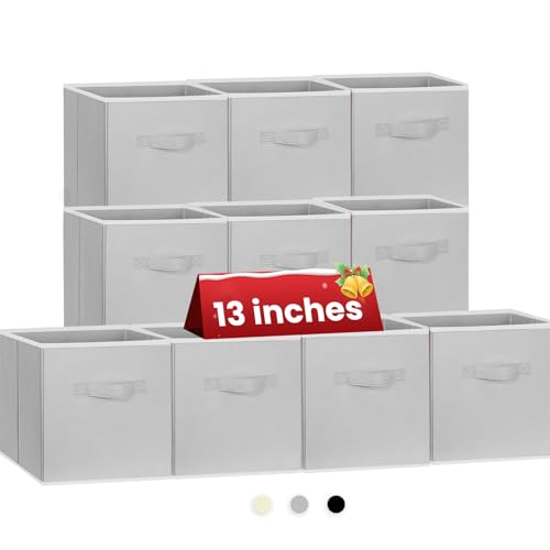 Criusia Large Storage Cubes, 13 Inch Cube Storage Bins for Shelves Closet Nursery Bedroom - 10 Pack Collapsible Storage Baskets with Handles - Fabric Bins for Organizing Magazines Clothes Toys (Grey) - color: Grey, size: 10 Pack - 13 inches