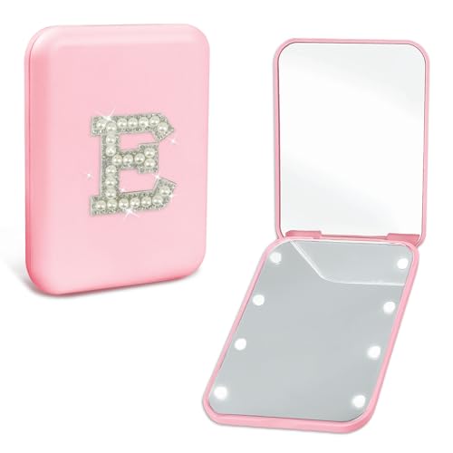 Preppy Birthday Gifts for 6 7 8 9 10 11 12 13 Year Old Girls, Cute Pearl Initial Compact Mirror with Lights Pink Small LED Pocket Makeup Mirror Teen Girls Trendy Stuff Travel Essentials (E) - color: E