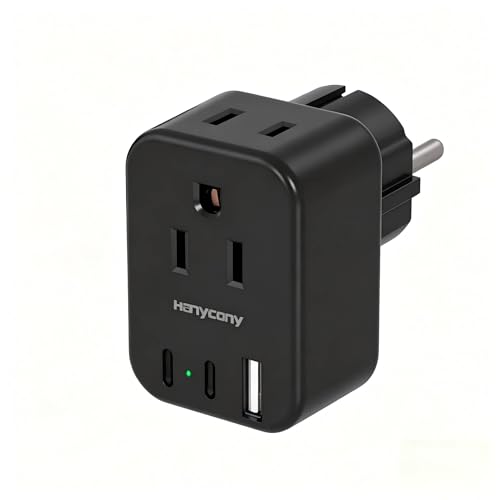 Type E/F Europe Travel Plug Adapter, HANYCONY US to Germany France Spain South Korea Iceland, 5-in-1 European Power Adapter for Greece Norway Russia Portugal & More, 2 Outlets 3 USB Ports(2 USB C) - style: Type E/F - Germany France(Black)