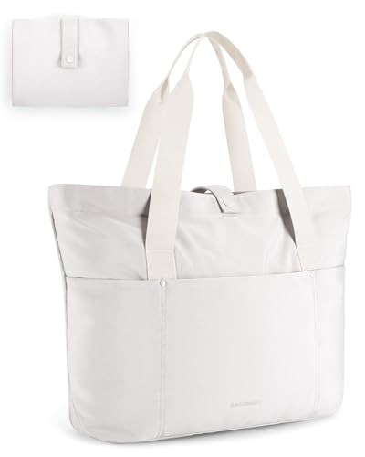 BAGSMART Tote Bag for Women, Foldable Tote Bag With Zipper Travel Shoulder Bag Handbag for Work - color: Beige