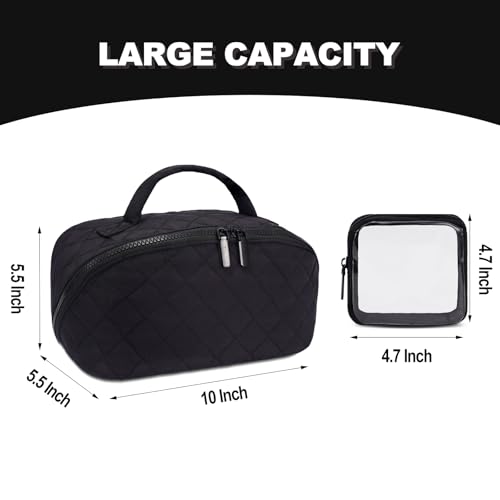 Makeup Bag,Quilted Puffer Cosmetic Bag for Women, 180° Lay-Flat Travel Make up Bag, Waterproof Large Capacity Toiletry Bag with Sturdy Zippers, Portable Makeup Organizer for Travel & Daily Use - color: Black, size: Medium