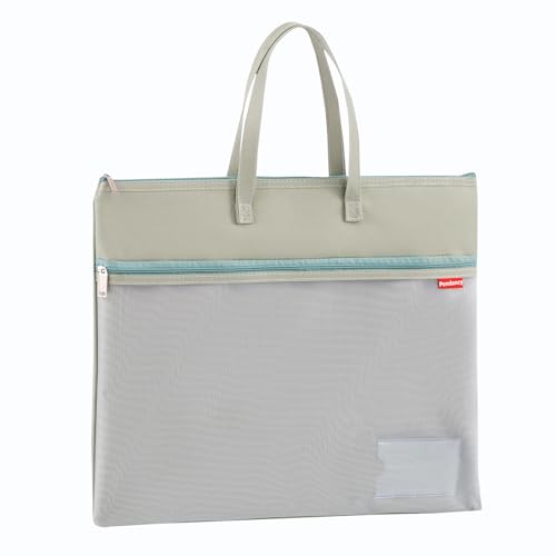 Pendancy Mesh Zipper Pouch A4 Size, Large Double Pocket Waterproof File Bag with Handle, 11x13.8 in Foldable Document Storage for Puzzle Project/Cross Stitch/Travel/Office（Advanced Green） - color: Dark Green, style: DIY Label Type A4 Size(11x13.8in)