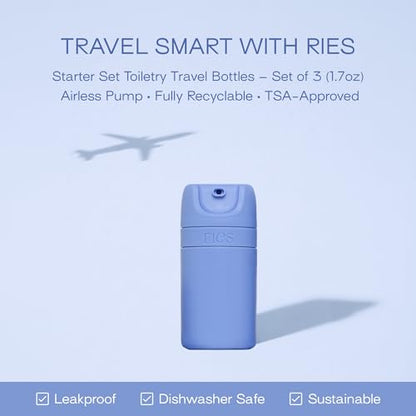 RIES Airless Pump Travel Bottles | Set of 3 Tsa Approved Leak Proof Containers | 1.7 oz BPA Free Refillable Travel Size Bottles | Runway Blue - color: Runaway Blue