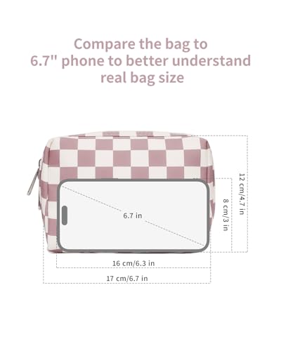 Narwey Small Checkered Makeup Bag for Purse Mini Pink Cosmetic Bag Travel Makeup Pouch Zipper Pouch Cute Make up Bags with Compartments for Women Girls (Dusty Rose Checkerboard, Small) - color: YB-Dusty Rose Checkerboard, style: Small