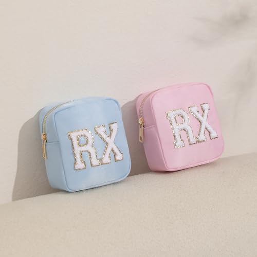 uekeboag Personalized Small Nylon Rx Cosmetic Bag, Cute Chenille Letter Patch Medicine Drug Pouch with Zipper,Preppy Makeup Travel Vitamin Bag for Women and Girls(Light Blue) - color: 02Light Blue