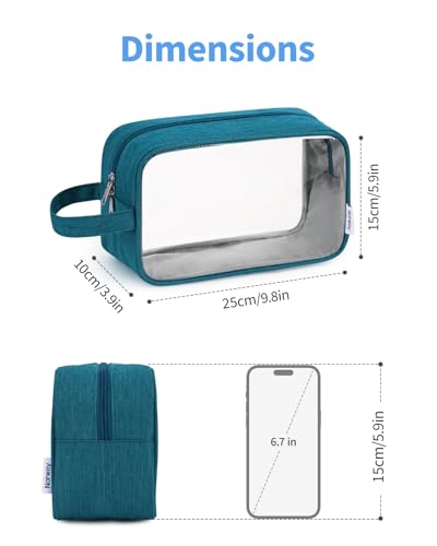 Narwey Clear Travel Toiletry Bags for Traveling Toiletries Men Women, Clear Makeup Bag Cosmetic Bag with Zipper, Make Up Pouch Organizer Bag with Handle, Skincare Beach Snack Medicine Bag, Teal - color: Clear-Teal