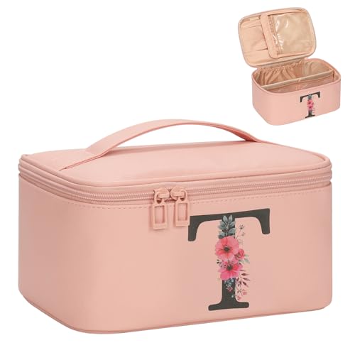 OCHEAL Initial Makeup Bag,Monogram Make up Bag Pink Travel Makeup Organizer Case Beauty Toiletry Cosmetic Bag with Brush Holder, Trendy Stuff Personalized Gifts for Women and Girls-T - color: Pink, style: T