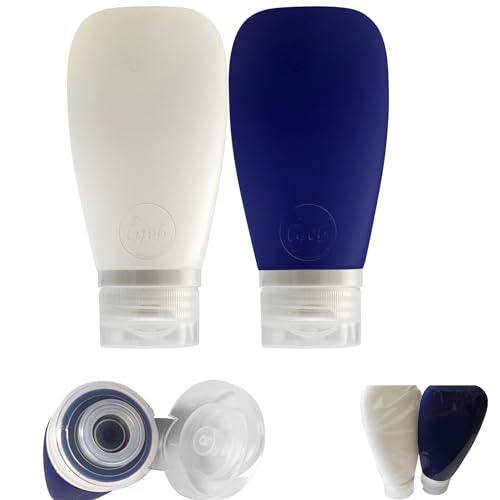 Travel Bottles for Toiletries, TSA Approved 3oz Leak Proof Silicone Refillable Squeeze Travel Size Containers BPA Free for Cleansers, Lotions, Shampoo 2pk (Navy Blue-White) - color: Navy Blue-White