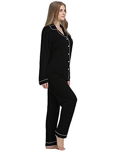Cherrydew Women Bamboo Viscose Pajama Sets Super Soft Comfy Breathable Cooling Sleepwear Long Sleeve Button Down Loungewear - color: Black, size: Small