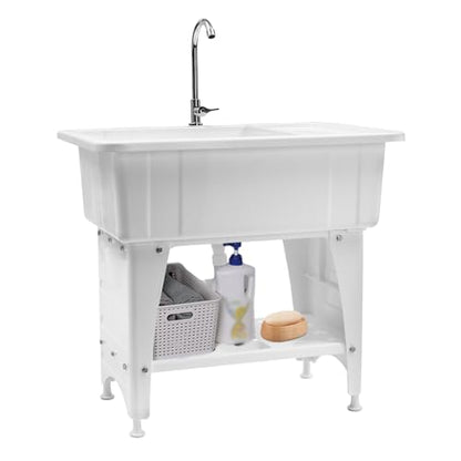 Laundry Sink, Freestanding Plastic Laundry Sink With Washboard Utility Sink Laundry Tub Indoor and Outdoor Utility Sink with Faucet Hoses Drain Kit for Laundry Room Washing Room Garden Garage - color: 32.28*22.44*29.92in -White