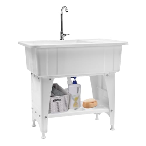 Laundry Sink, Freestanding Plastic Laundry Sink With Washboard Utility Sink Laundry Tub Indoor and Outdoor Utility Sink with Faucet Hoses Drain Kit for Laundry Room Washing Room Garden Garage - color: 32.28*22.44*29.92in -White