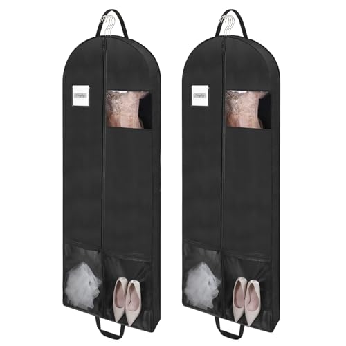 2 Pack 65" Long Garment Bags for Dress Travel Garment Bag with 4" Gusseted Wedding Dress Cover with 2 Mesh Pockets and 2 Carry Handles(Black) - size: 65" 2Pack