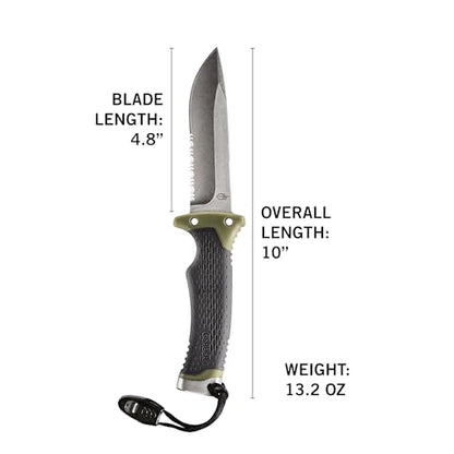 Gerber Gear Ultimate Survival Knife, Fixed Blade Knife with Combo Edge, includes Fire Starter Edge and Ferro Rod, Whistle, Sheath with Integrated Sharpener - Bushcraft, Hunting and Camping Tool