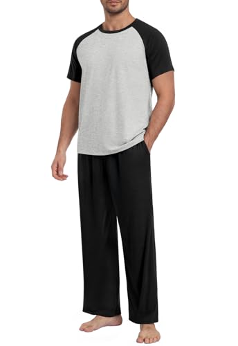 Yincro Mens Pajamas Set Lightweight Loungewear Short Sleeve Top and Pants Soft Sleepwear Pjs Sets - color: Light Gray-black, size: Medium