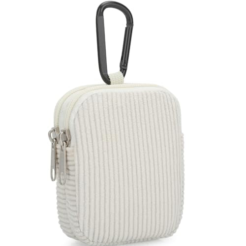 E-Tree Coin Purse with Carabiner Clip, Dual Layer Card Case Holder, Mini Pouch for AirPod Earphone Keychain USB Cable,Wallet, Small Accessories Organizer Bag for Women and Men (White Corduroy) - color: White Corduroy