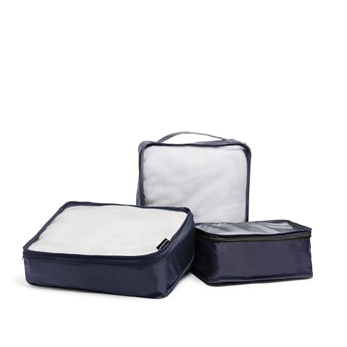 Brookstone 4-Piece Packing Cube Set Apparel Luggage Organizer and Shoe Bag, Travel Essentials, Navy