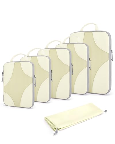 BAGSMART Compression Packing Cubes for Travel, 6 Set/14 Set Compressible Luggage Organizer for Cruise Ship, Lightweight Travel Essentials (1L+2M+2S+Shoe bag+Drawstring bag+Toiletry bag+6Plastic bags) - color: Beige, size: 6 Set