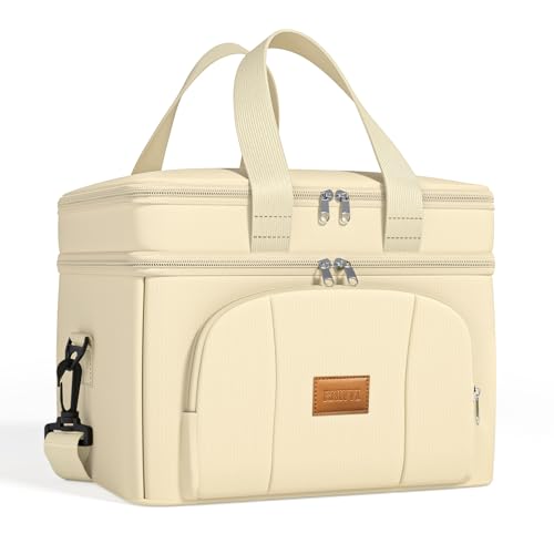 Rnivvi Lunch Box for Women, Double Decker Insulated Cooler Bag Lunch Bag Reusable Leakproof Tote Lunch Container with Strap for Work Family Picnic Camping, 18 Cans 12L, Large Adults, Apricot White - color: Apricot White