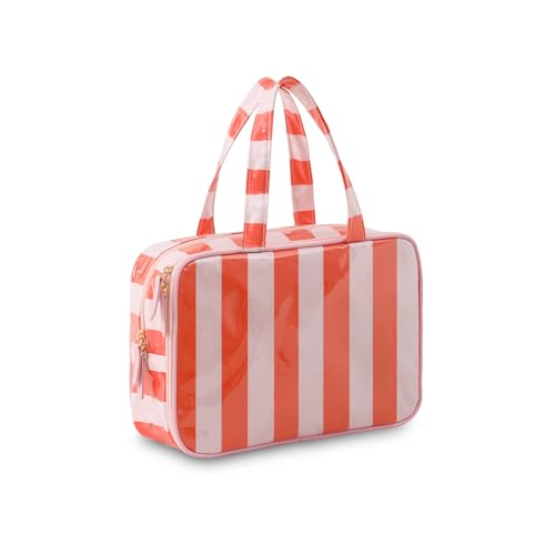 Travel Toiletry Bag for Women, Waterproof Clear Coated Portable Stripe Makeup Cosmetic Bag with Compartment, Travel Organizer for Shampoo, Conditioner, Brushes Set,Cosmetic Accessories(Pink-Orange) - color: Pink-Orange