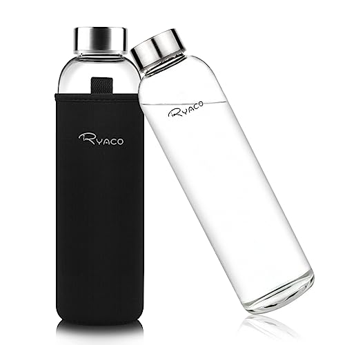 Ryaco Borosilicate Glass Water Bottle 33oz/1L/1000ml BPA-Free Leak Proof Ideal for School Home Office Travel Sport Yoga Gym Hot Cold Drinks with Portable Neoprene Carrying Sleeve and Sponge Brush - color: Black