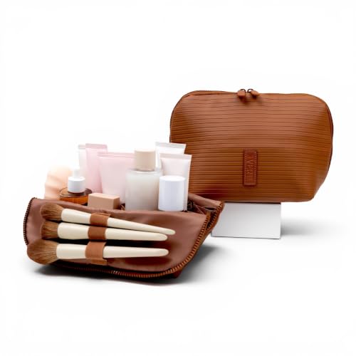 THE VERTI-Vertical Waterproof Makeup & Toiletry Bag | 23-Pocket Organizer with Upright, Fold-Down Design for Skincare, Toiletries & Essentials (Mahogany, Medium) - color: Mahogany, size: Medium