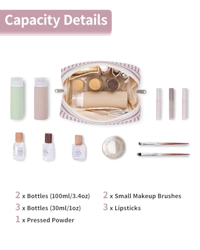 Narwey Small Striped Makeup Bag for Purse Mini Cosmetic Bag Travel Makeup Pouch Zipper Pouch Cute Make up Bags with Compartments for Women Girls (Dusty Rose Stripe, Small) - color: A-Dusty Rose Stripe, style: Small