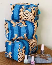 YILLE Set of 3 Pieces Block Printed Travel Organizer Kit Storage Bag for Women Makeup Bag Travel Cosmetic Bag (Blue Fat Tiger) - color: Blue Fat Tiger